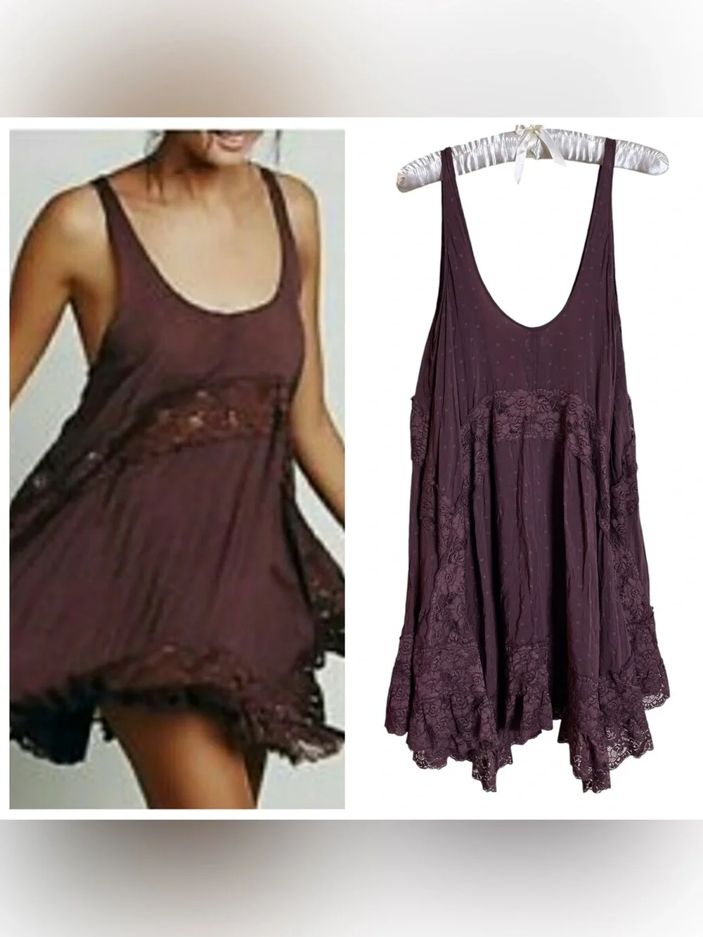 RARE Free People She Swings Slip Lace Mini Dress Medium Burgundy Brown Bohemian
